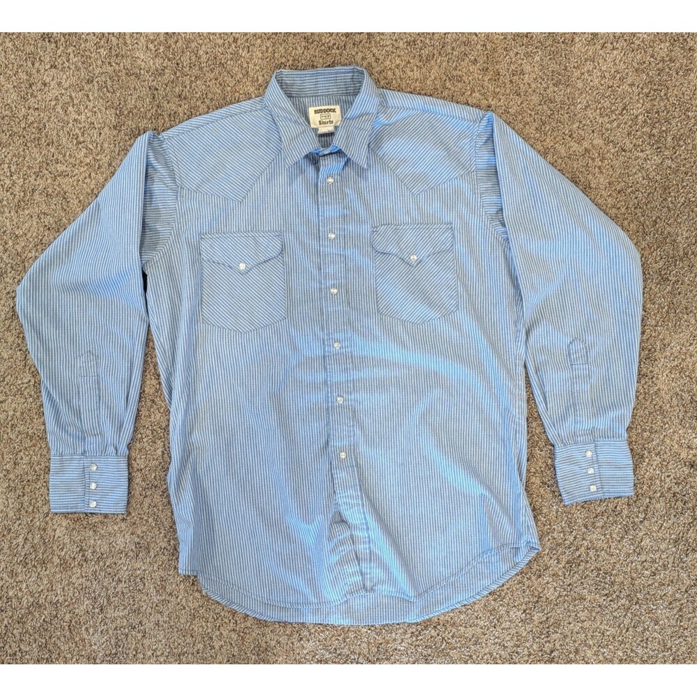 Vintage Ruddock Pearl Snap Shirt Mens 16.5 Blue Stripe Western Cowboy USA 1082